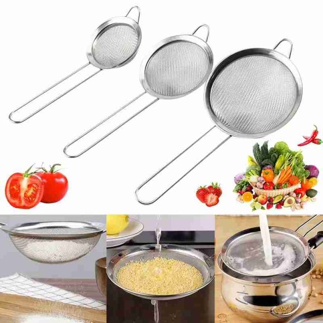 3pcs Stainless Steel Fine Mesh Filters with Metal Handles Multi-Size Flour Sifters and Oil Filters. Durable Metal Screens for Baking Cooking Kitchen Use Large Medium Small