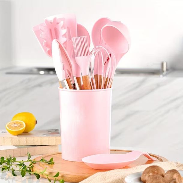 12pcs Pink Silicone Kitchen Utensil Set with Wooden Handles Easy Clean for Cooking Baking & Holiday Prep Essential Tools UK