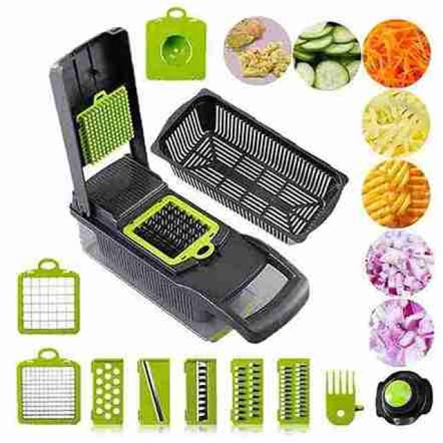 15-in-1 Professional Vegetable Cutter with 8-Blade Multi-Function Grater Set Hand Guard for Onion Carrot Potato Slicing Dicing Shredding Gray Green